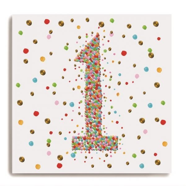 A white square card with a larg number 1 in the centre of it which is made up of colourful dots. There are colourful dots all around on the background of the card.