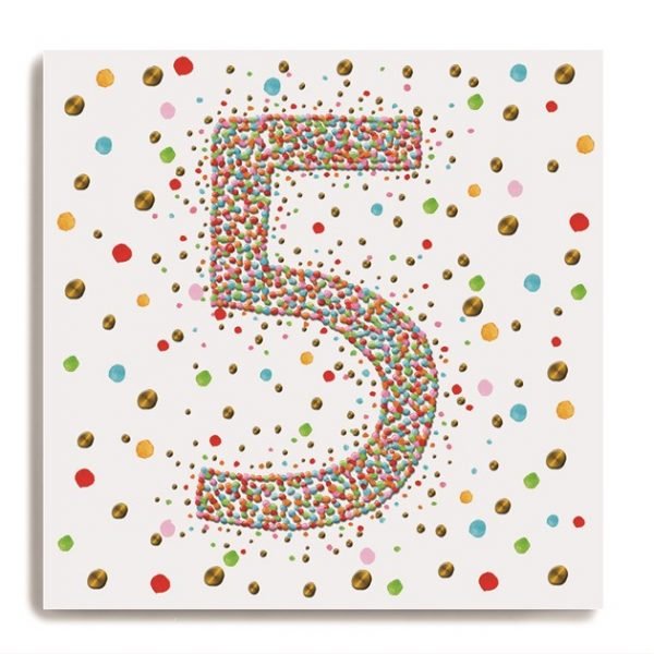 A white square card with a larg number 5 in the centre of it which is made up of colourful dots. There are colourful dots all around on the background of the card.