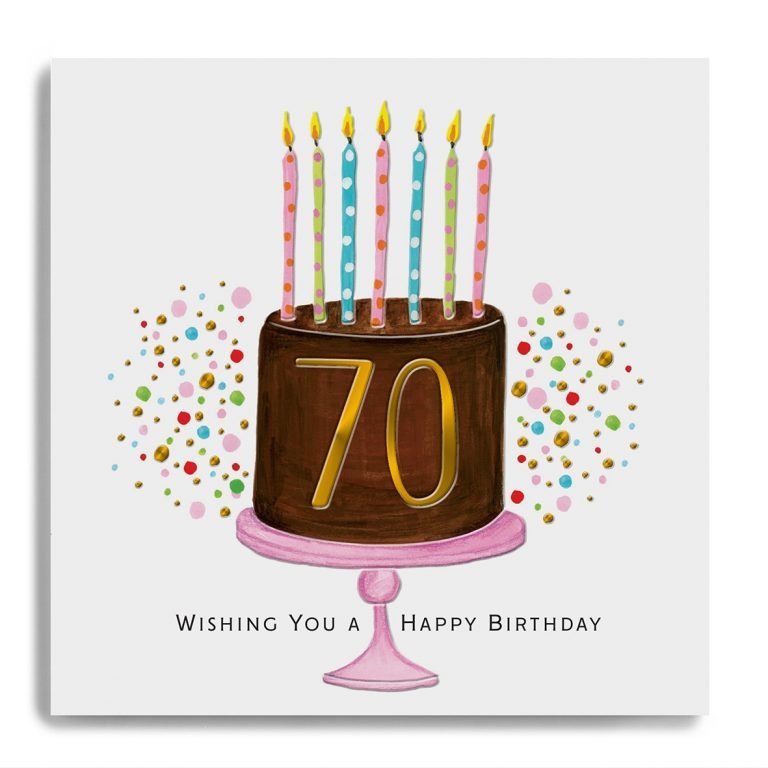 A square card with an image of a large chocolate birthday cake with lots of candles on it and the number 70 printed in gold in the centre of it. The words Wishing you a Happy Birthday are printed underneath the cake.