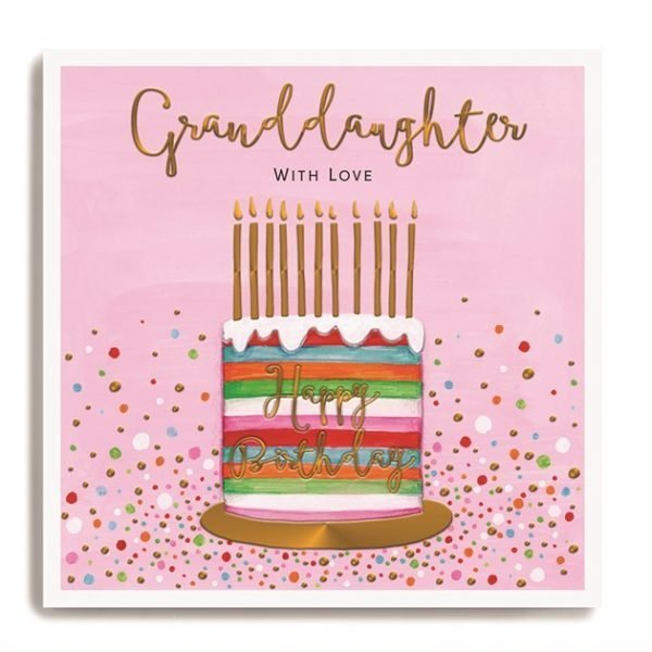 A square card with a pink background and an image of a larg layered birthday cake and lots of colourful candles on it. The words Granddaughter with love are printed above the cake.