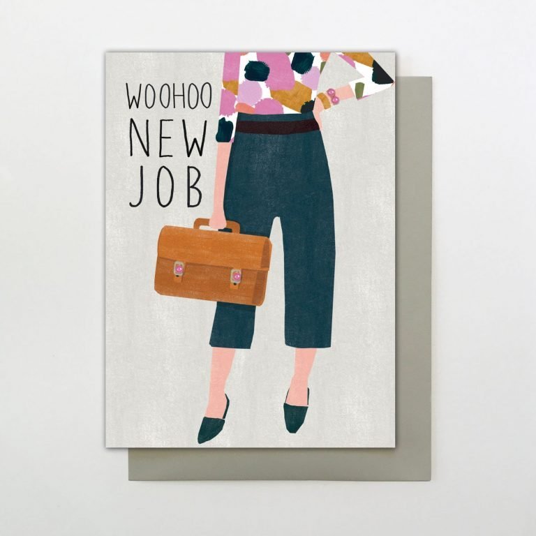 A colourful New Job card with an image of the bottom half of a womand's body wearing trousers and high heels and carrying a briefcase. The words Woohoo New Job are also printed on the card.