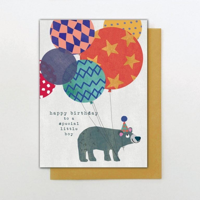 A cute card from the Big Day out range of cards from Stop the Clock. With a cool bear with lots of colourful balloons and the words Happy Birthday to a special little boy.