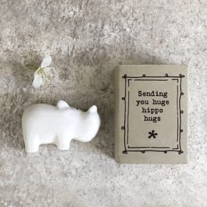 A sweet ceramic hippo keepsake in a matchbox with the words sending you huge hippo hugs printed on it.