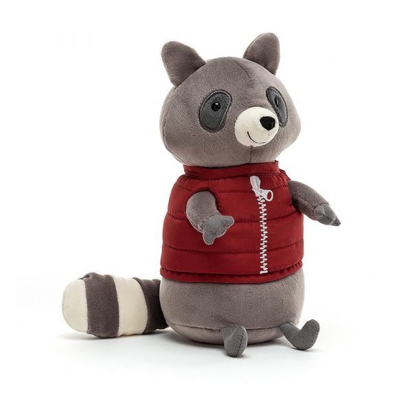 A sweet little grey campfire raccoon with velvet fur and a red body warmer jacket.