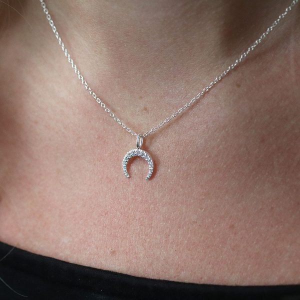 Sterling Silver Upside-Down Crescent Necklace with CZ Crystals by Peace of  Mind 