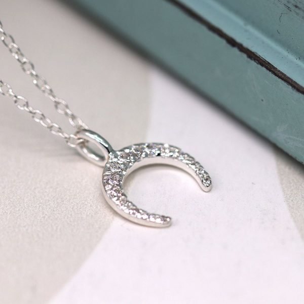 Sterling Silver Upside-Down Crescent Necklace with CZ Crystals by Peace of  Mind 