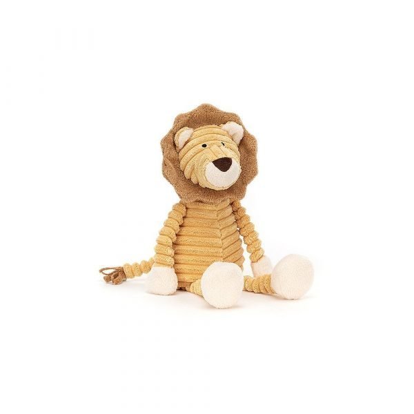 A yellow cuddly lion from Jellycat. Made from velvety corduroy material and with a cute face and mane.