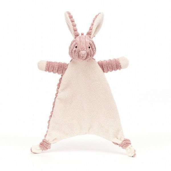 A velvet soft soother bunny toy with thick corduroy body