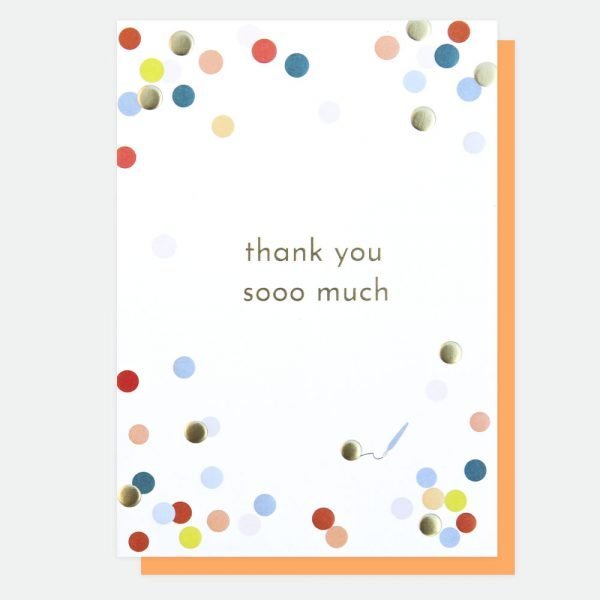 A thank you card with colourful spots and thank you soooo much in gold foil