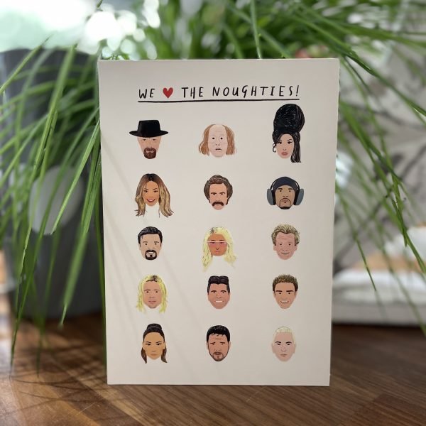 A fun card with images of famous people from the noughties and the words we heart the noughties printed on it