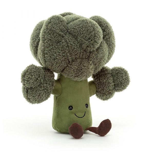 An unusual Jellycat amuseable broccoli from Jellycat. This dark green toy has a curly furry broccoli head and a smooth suede body. He has long brown legs, little black eyes and a sweet little smile.