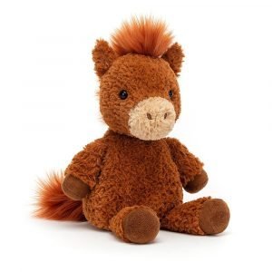 The Jellycat Flossie Pony is a cute little furry horse with a fluffy tail and mane. He has a cream coloured snout, little black eyes, furry ears and suede hoofs.