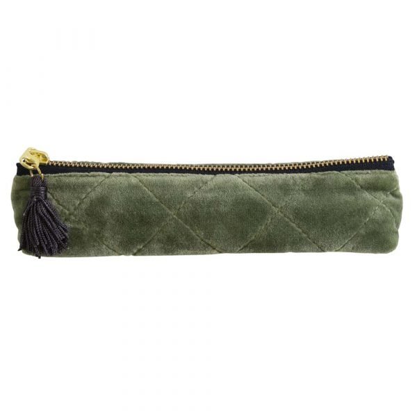 A green velvet quilted pouch for keeping either pens and pencils or cosmetic brushes in.