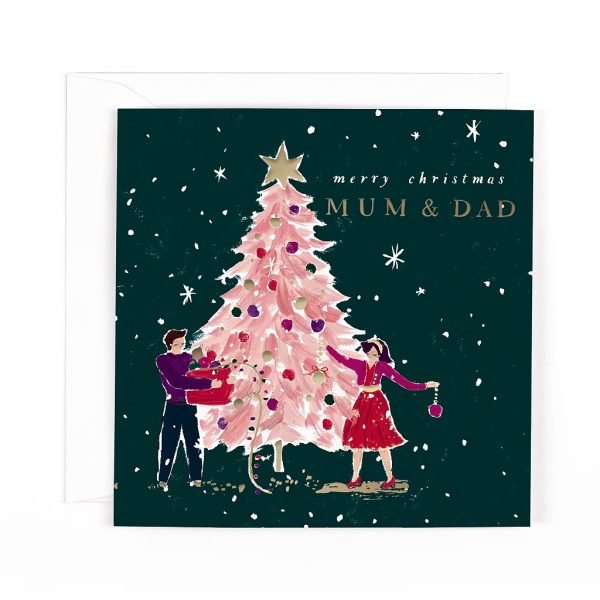 A Christmas card for your Mum and Dad with a couple decorating a Christmas tree