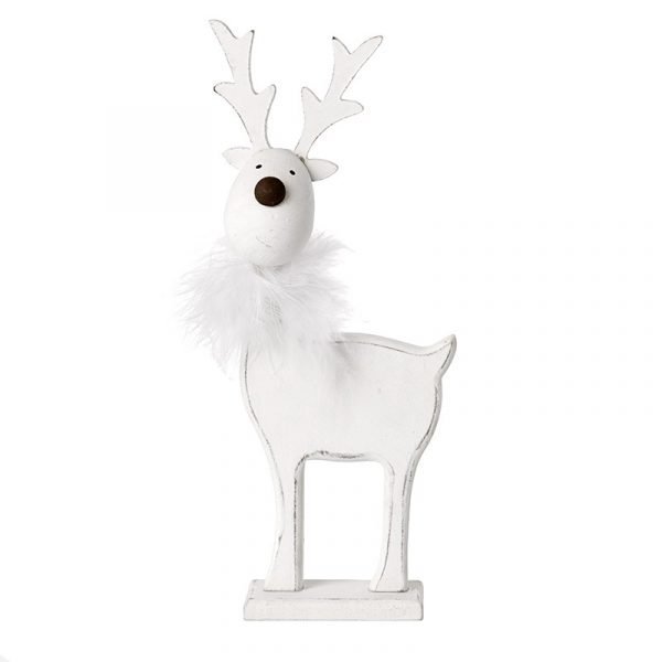 A white wooden standing reindeer wearing a fluffy collar around its neck.