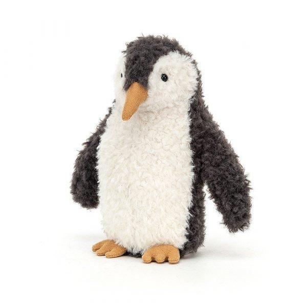 A cute cuddly penguin with soft plush fur and a cute yellow beak and flippers.