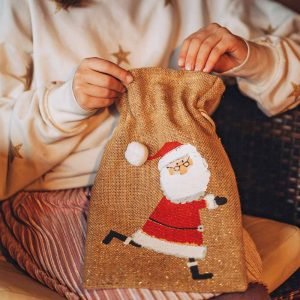 Santa Christmas gift sack. A lovely hessian sack with a santa claus design for presenting your Christmas gifts