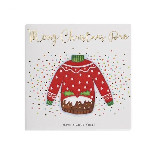 A Christmas jumper Christmas card with the words Merry Christmas Bro printed on it.