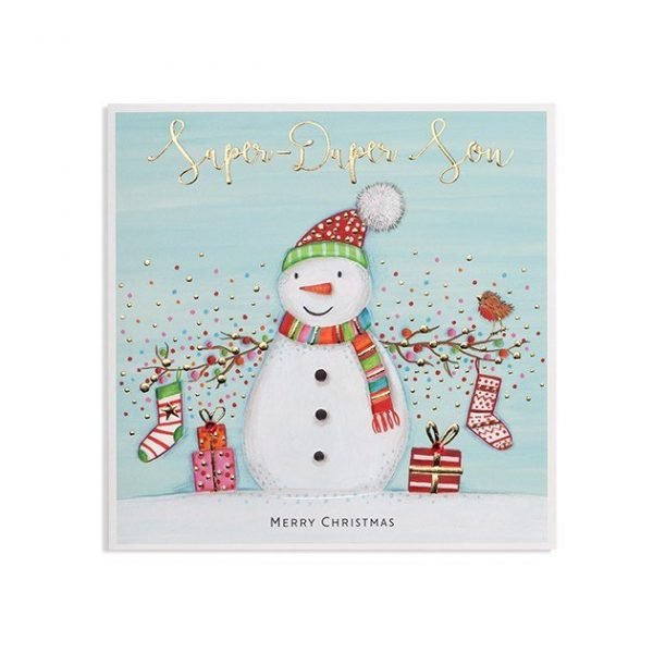 A fabulous snowman Christmas card for a super duper son which is finished with embossed and foiled effects