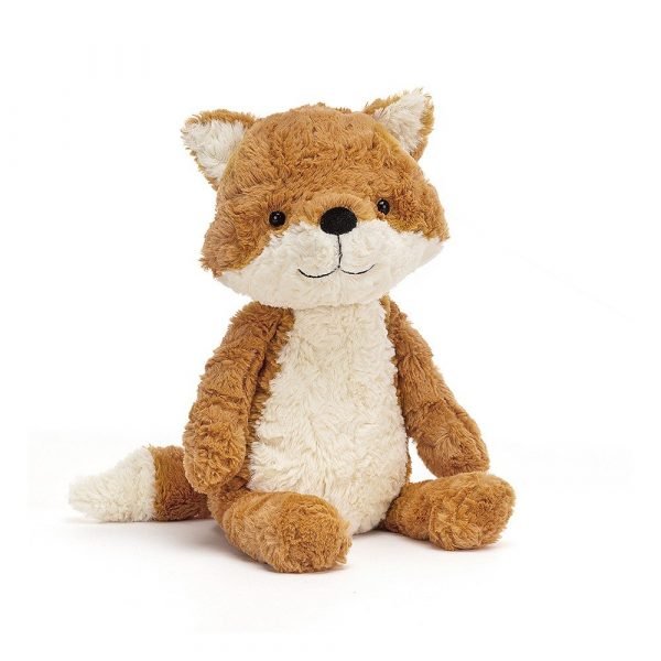 A sweet little cuddly Tuffet Fox from Jellycat. With ginger fur and white tummy and ears and cute bushy tail.