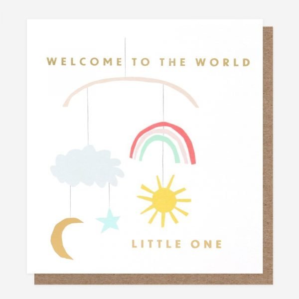 New Baby Mobile Card. A mobile with a cloud, moon, star, sun and rainbow and welcome to the world little one