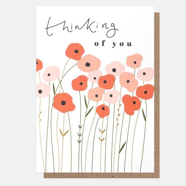 Floral thinking of you card. Long stemed fresh illustrationofred and pink poppies with gold foil details