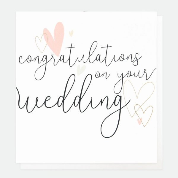 Congratulations On Your Wedding Card. A calligraphy style card with gold foil hearts and grey outline hearts congratulations on your wedding