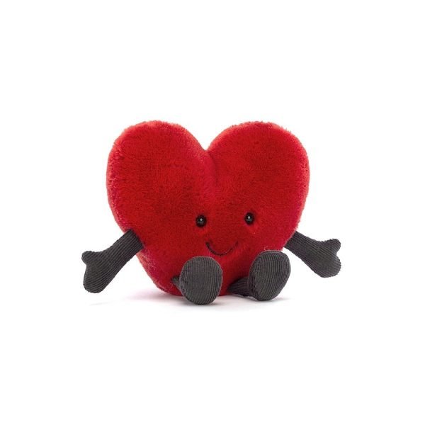 A red heart soft toy with a red fluffy body, brown corduroy arms and legs and a cute smiley face. By Jellycat