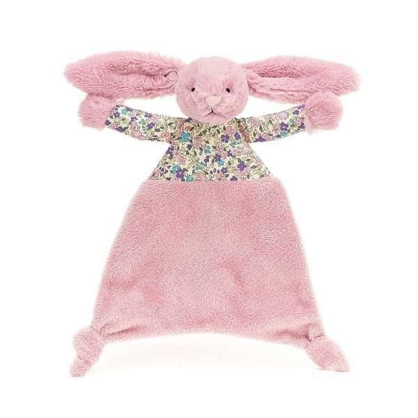 Jellycat Blossom Tulip Bunny Comforter with tulip pink fur and pink floral cotton