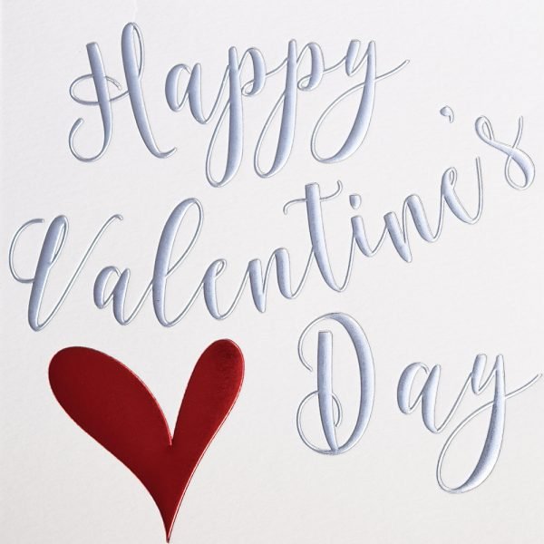 A sweet square card with a white background and god script writing that says Happy Valentines Day and a large red heart. The print has a lovely shimmer effect.