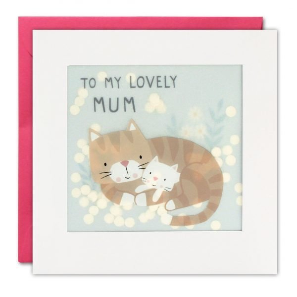 A Mother's Day card a grown up cat hugging a little kitten. The text on the front of the card reads 'To My Lovely Mum'. The image is printed on translucent paper, showing cream paper confetti dots behind. The confetti moves around when you shake the card.