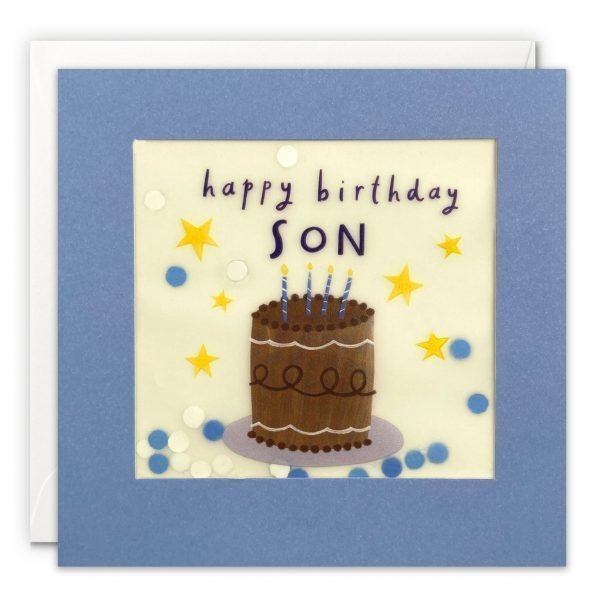 A Son birthday card featuring an image of a birthday cake. The message on the front reads 'Happy Birthday Son'. The image is printed on translucent paper, showing cream paper confetti dots behind. The confetti moves around when you shake the card. The card is blue