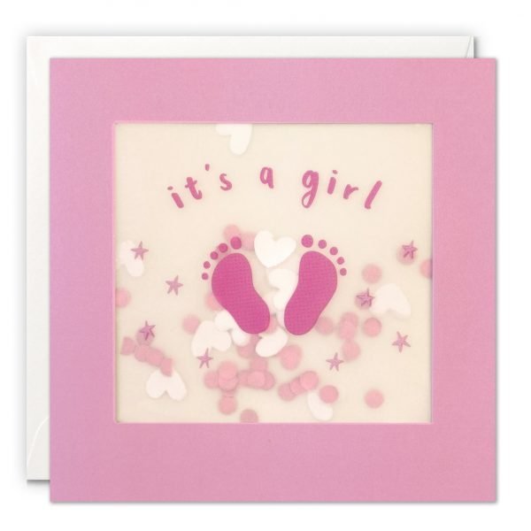 A new baby girl card with an image of two pink foot prints and "it's a girl" printed over the top, on a pink background printed on translucent paper with colourful confetti behind