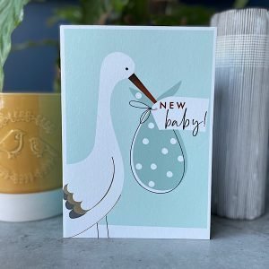 A card with a pale blue background and an image of stork carrying a new baby bundle and the words New Baby are printed on it.