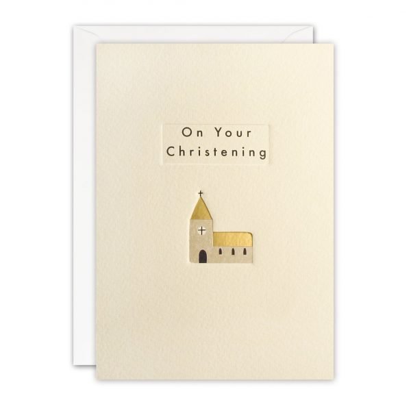 A christening card with a simple image of a church with a cross on the top of the spire. The roof of the church is foiled in gold and the image is debossed. The text on the front of the card sits in a debossed rectangle and reads 'On Your Christening'.