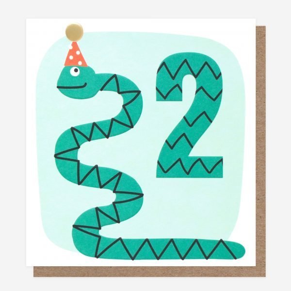 A 2nd birthday card with an illustration of a cute snake in a party hat and a big number 2