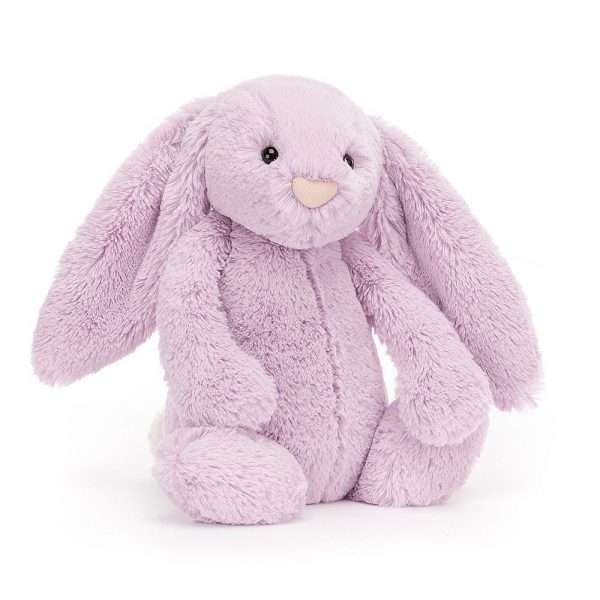 A medium sized bashful lilac bunny from Jellycat. With long floppy ears, a cute triangle nose and a tubby tummy.