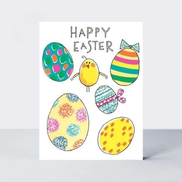 Pack of 10 easter cards. This pack incorporates the design Easter eggs and chick and the caption Happy Easter.