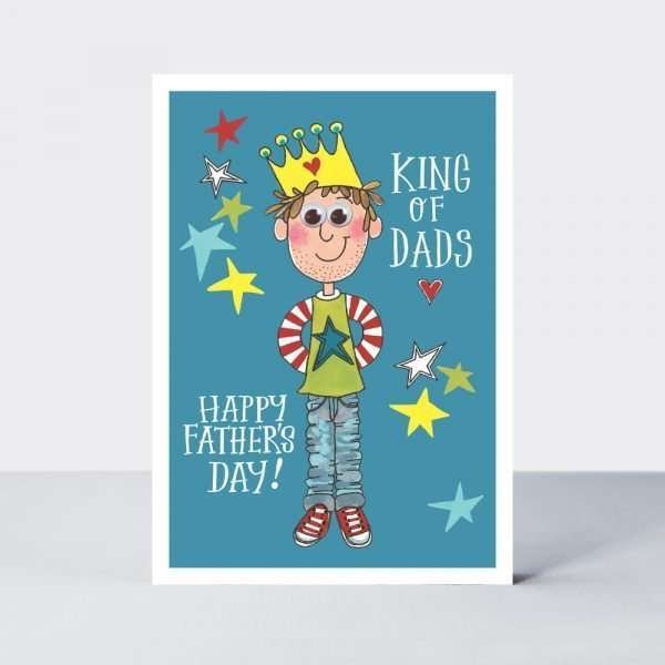 AFather's day card bright colours and a bold illustration. The caption says King of Dads, Happy Father’s Day.with googly eyes and