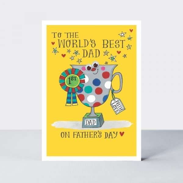 A Father's day card with a bold illustration of a cup with googly eyes. The caption says To the World’s best Dad on Father’s Day.