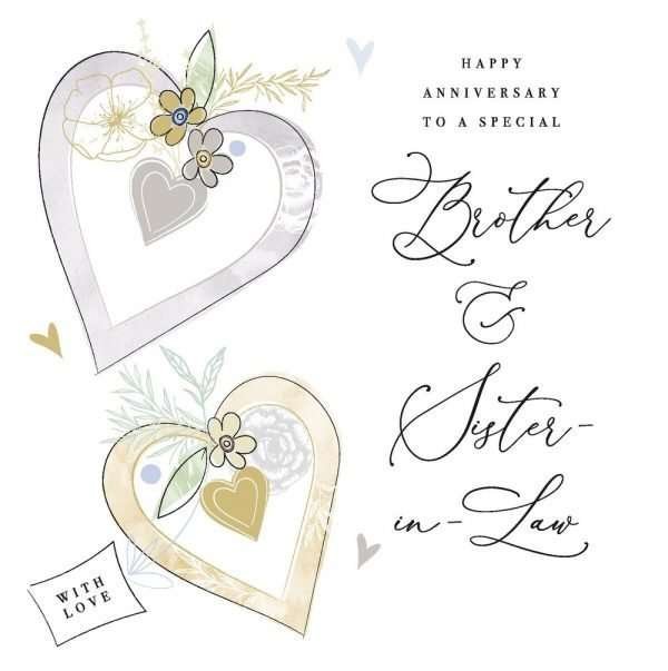 A wedding anniversary card for brother and sister in law with two hearts. Happy anniversary to a special brother and sister in law with love