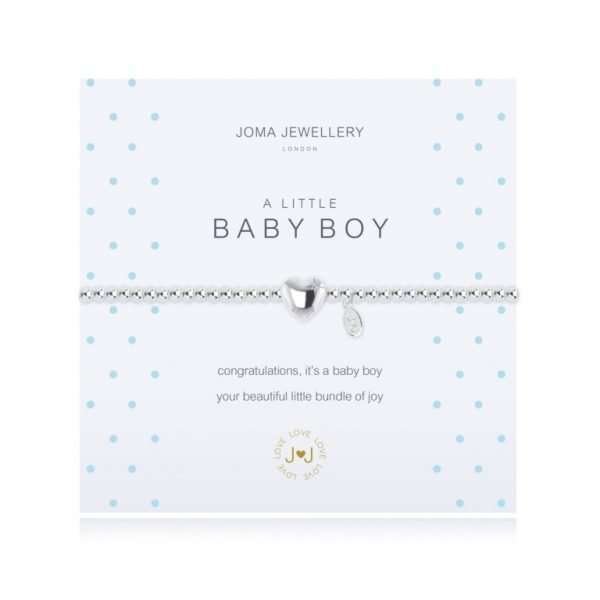 A Little Baby Boy Joma Bracelet. A silver bracelet with silver heart charm with a blue crystal. The bracelet comes presented on a card that reads " A Little Baby Boy.Congratulations, it’s a baby boy your beautiful little bundle of joy