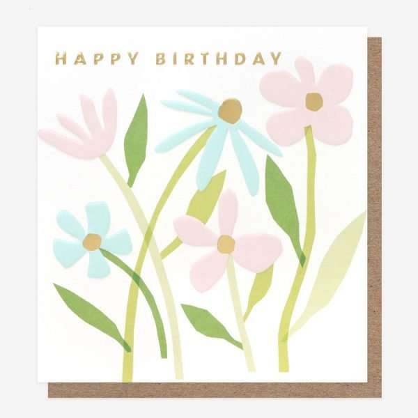 Flowers Birthday Card with pink and blue pastel coloured flowers and the caption Happy Birthday in gold foil