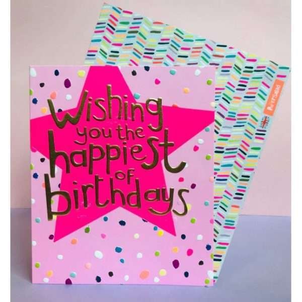 A pink card with bright spots and a big bright pink star with the words Wishing you the happiest of birthday. Full of bright neon colours, patterned textures and lovely foil.