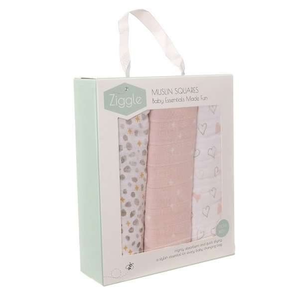 A set of three boxed pink hearts and stars muslin cloths from Ziggle.