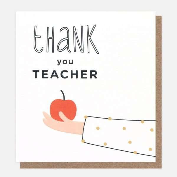 A Caroline Gardner thank you teacher card with a hand holding a big red apple. Thank you teacher