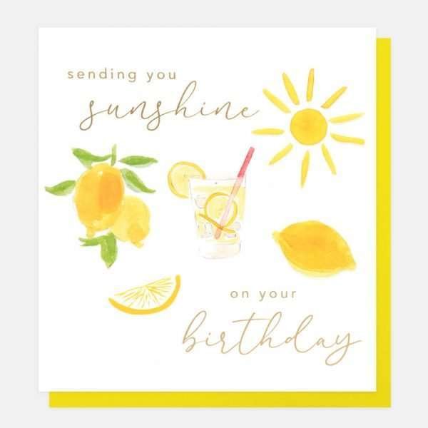 A Caroline Gardner birthday card in a painterly style embossed motifs featuring champagne, strawberries and an abundance of sweet treats.Sending you sunshine on your birthday