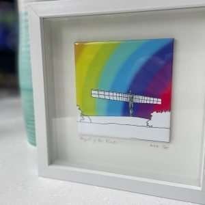 A lovely rainbow angel of the north tile picture which has been presented in a box frame.