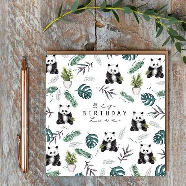 a square birthday card with water colour design of pandas and plants and Big Birthday Love