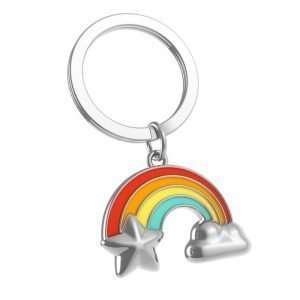 A metal keyring with an enameled colourful rainbow with a silver star at one end and a silver cloud at the other